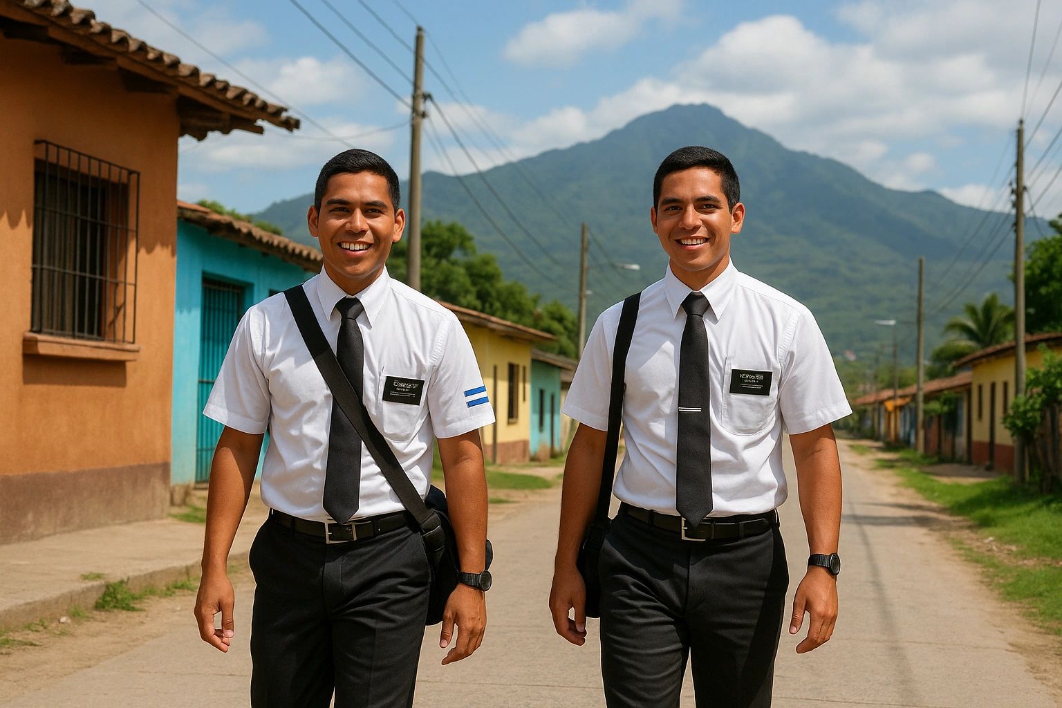Two smiling men in white shirts and black ties walk down a street.