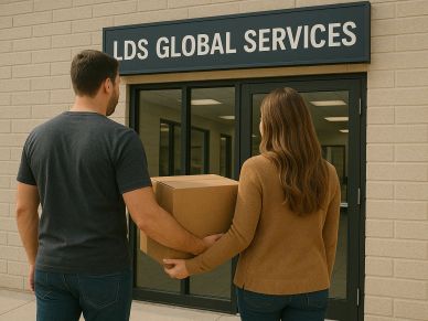 Couple carrying a box into a building.