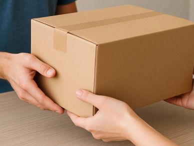 Person handing over a cardboard box to another person.