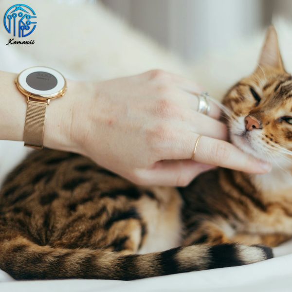 woman wearing a smart watch petting a cat 