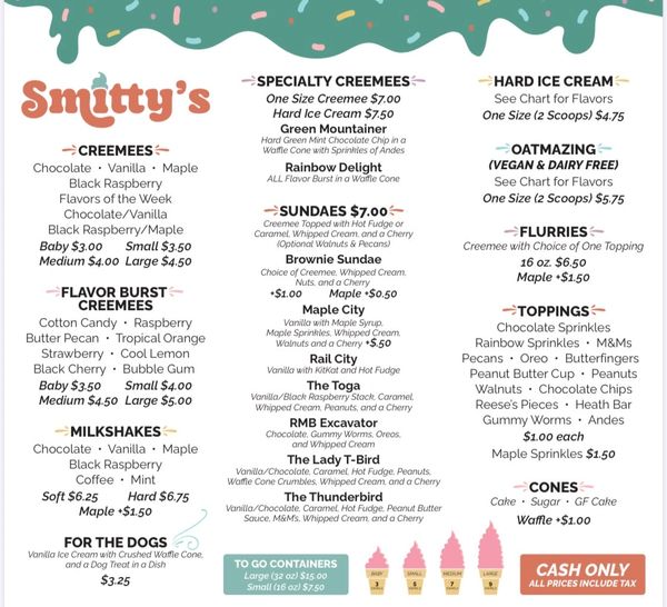 Smitty's menu showcasing creemee varieties, specialty creemees, sundaes, and toppings with prices.