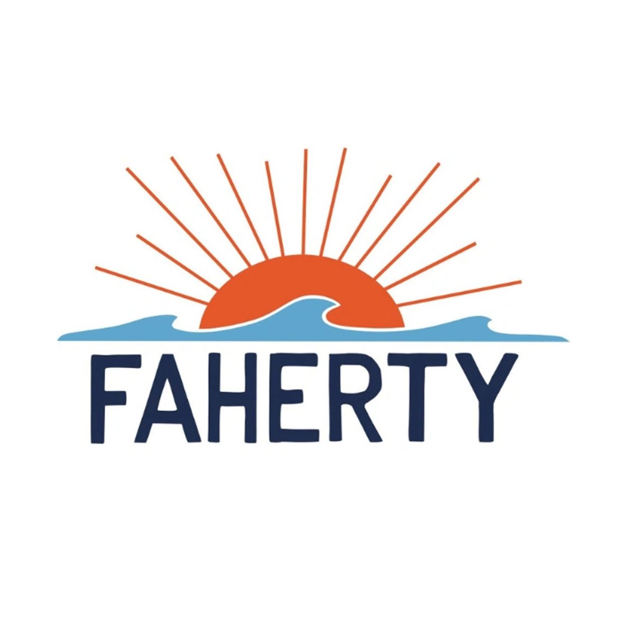 Faherty logo with sun and wave design.