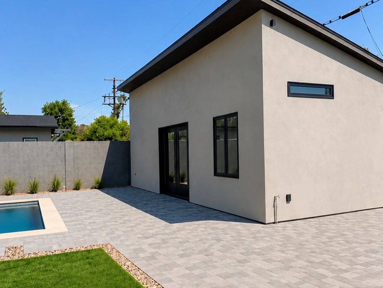 Modern backyard with pool and small building.