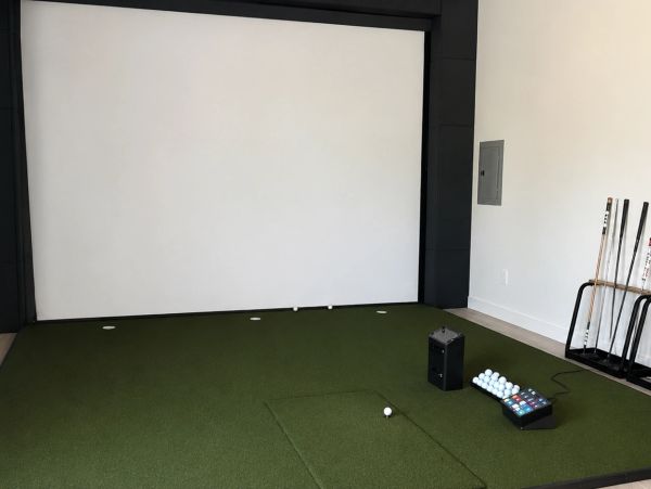 Indoor golf simulator setup with putting green and golf balls.