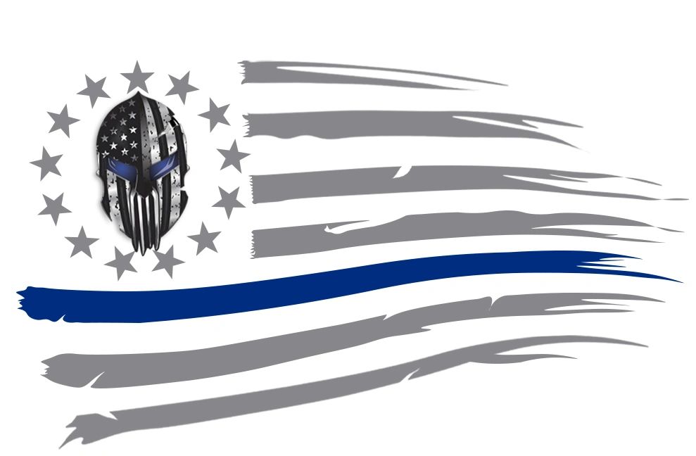 Police Life mask logo with stars encircling it on a blue line flag.