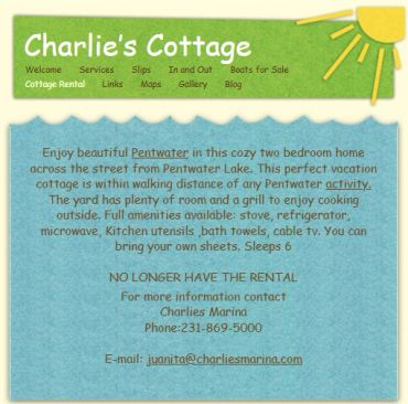 Announcement for Charlie's Cottage rental no longer available at Pentwater Lake.