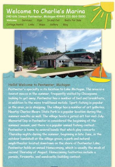 Charlie's Marina in Pentwater, Michigan, by Lake Michigan with boats and village attractions.