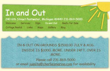 Advertisement for In and Out boat rentals in Pentwater, Michigan with pricing details.