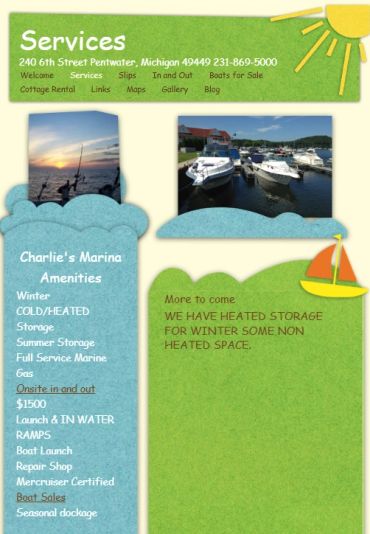 Marina services page showing boat slips, storage, and amenities at Charlie's Marina.