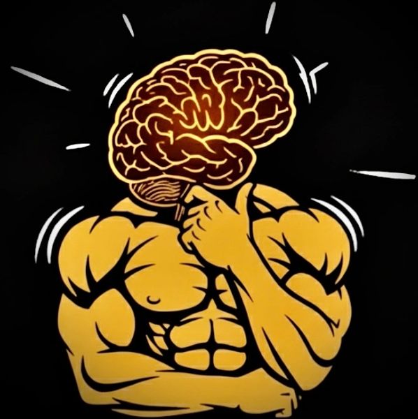 Illustration of a muscular body with a brain as its head, symbolizing strength and intelligence.