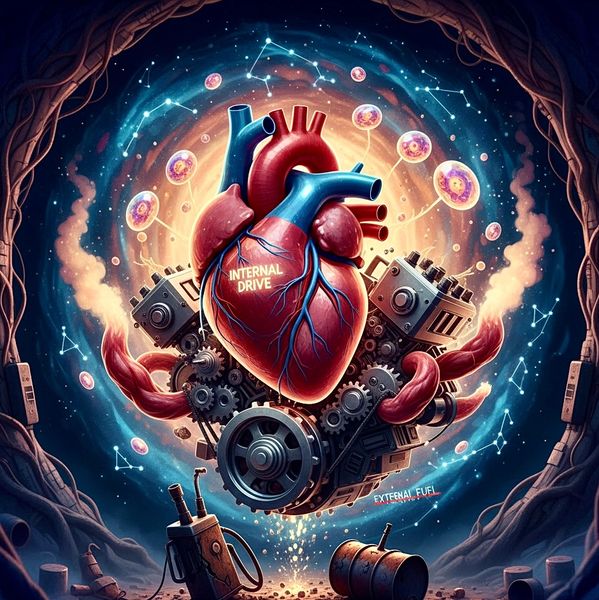 A mechanical heart labeled 'Internal Drive' powered by an engine labeled 'External Fuel' in a cosmic setting.