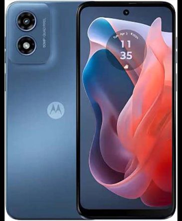 Blue Motorola smartphone with dual rear cameras.
