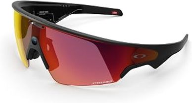 Sleek black sports sunglasses with red mirrored lenses.