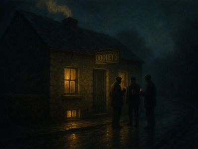 Three people stand outside a dimly lit pub named Dooley's at night.