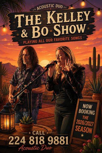 The Kelley &amp; Bo Show acoustic duo performing at sunset.