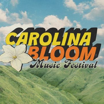 Logo for Carolina Bloom Music Festival with a flower and hillside background.