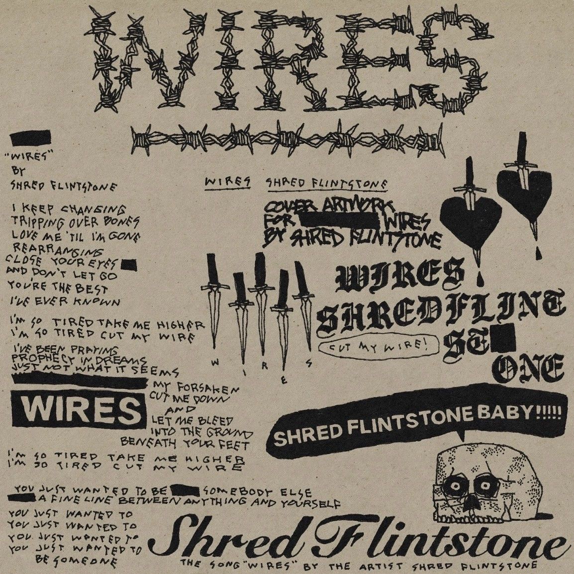 Hand-drawn punk-style album art for Shred Flintstone's song 'Wires' with barbed wire text and dagger illustrations.