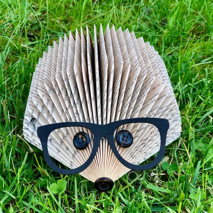 Photo of a paperback book folded into the shape of a hedgehog. Button eyes & nose, w/ black glasses