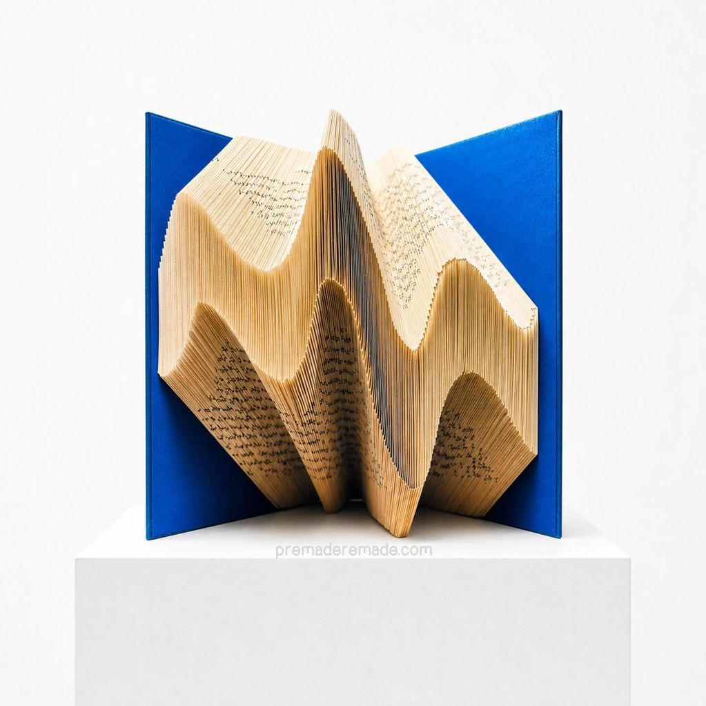 Fluidity folded book art piece with blue cover pages, shown on a white background
