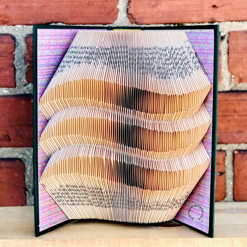 hardcover book with the pages folded into three stacked squiggles in front of a brick background