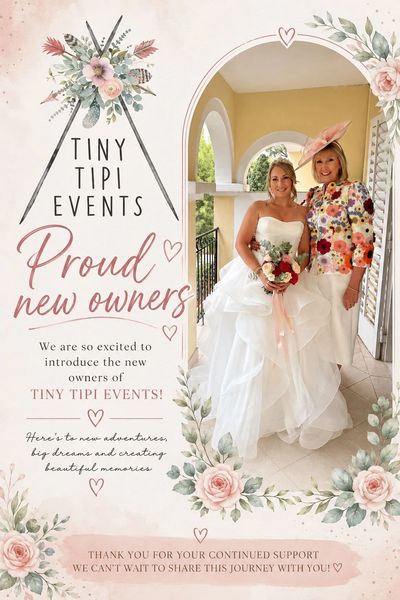 Wedding photo announcing new owners of Tiny Tipi Events.