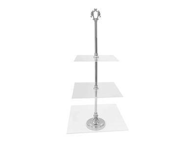 Three-tier silver stand with square glass trays.