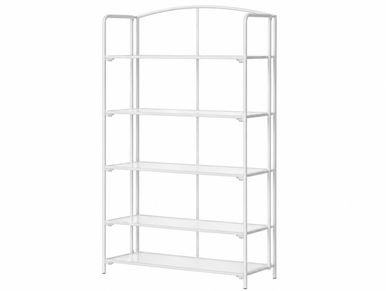 A white metal shelving unit with five shelves.