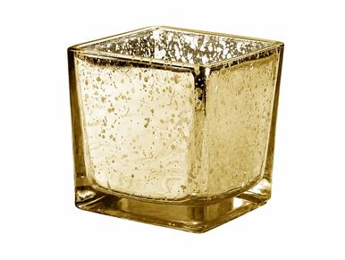 Square glass container with golden tint.