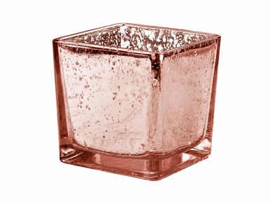 Square pink glass container with bubble texture.