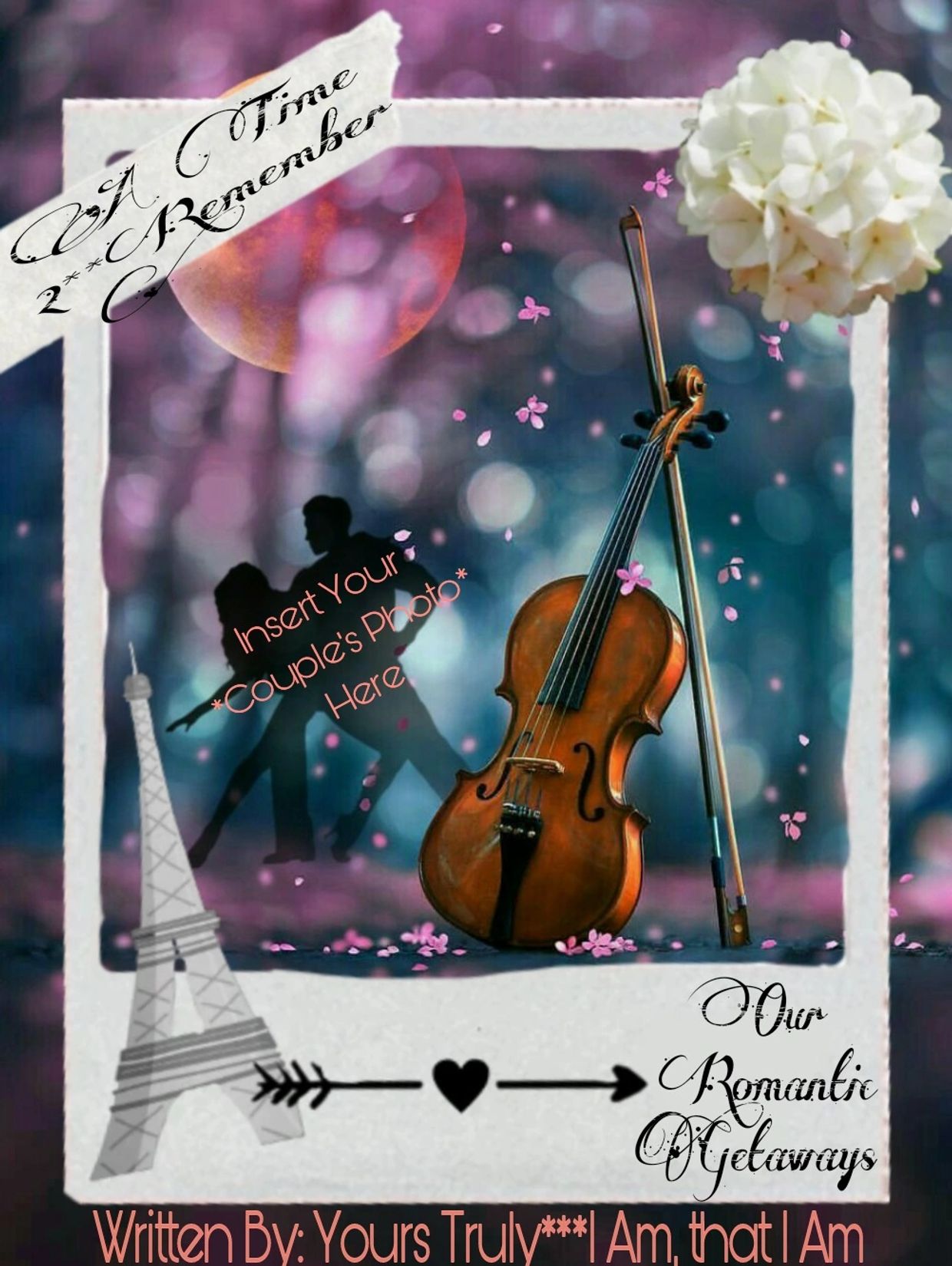 Romantic violin scene with dancing couple silhouette and Eiffel Tower graphic. INSERT YOUR PHOTO 4 KEEPSAKE IN A TIME 2 REMEMBER.