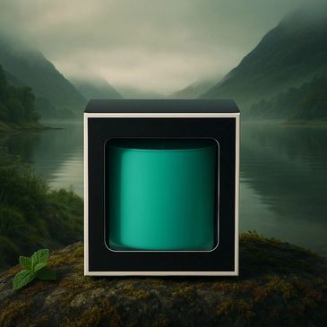Black box with a window showing a turquoise candle jar inside sat on a rock with a mist loch behind