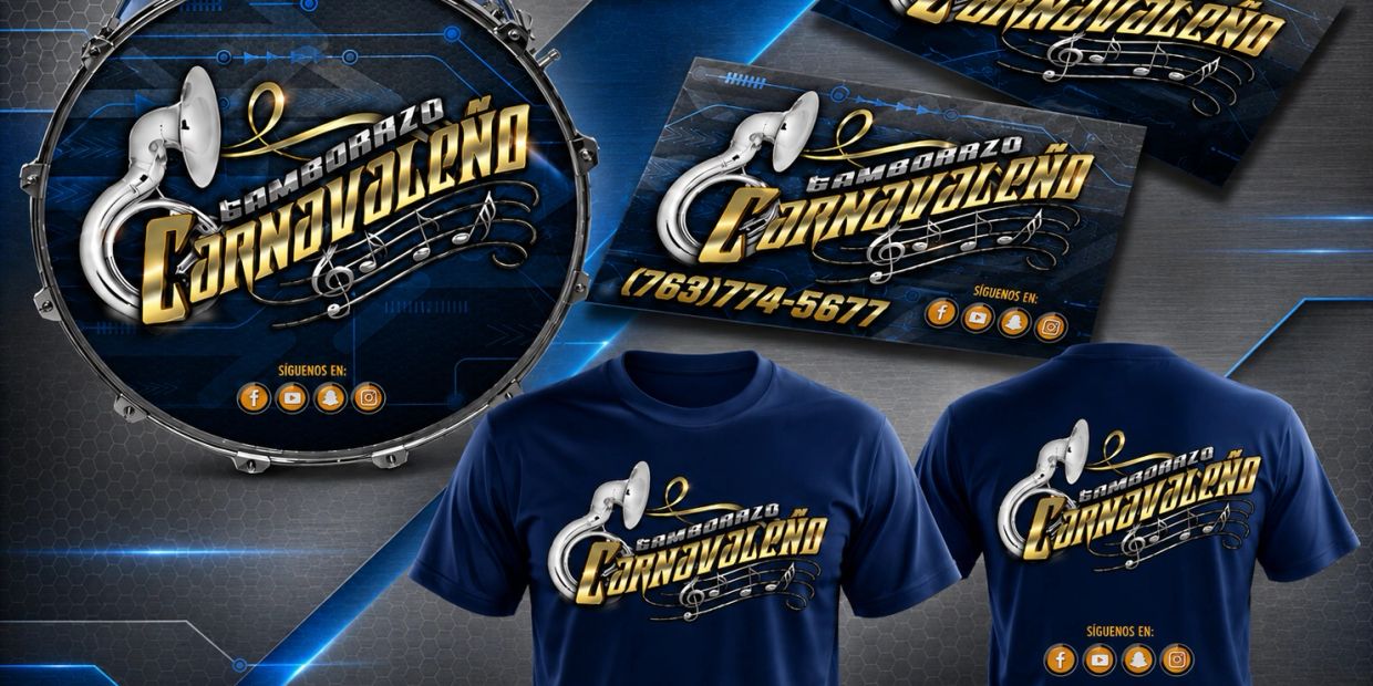 Branding design for Tamborazo Carnavaleño on drums, cards, and shirts.