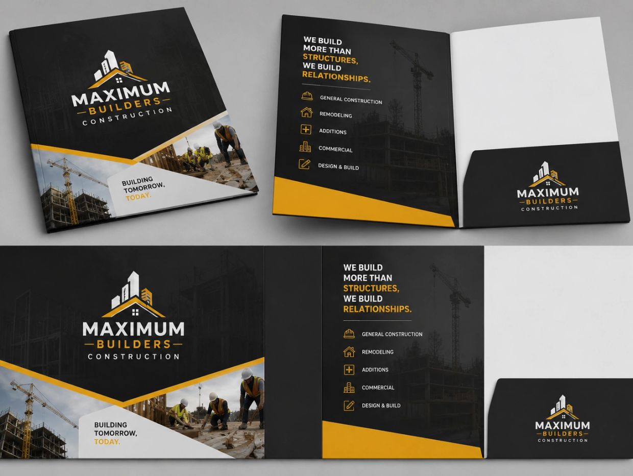 Maximum Builders construction brochure with services and slogans.