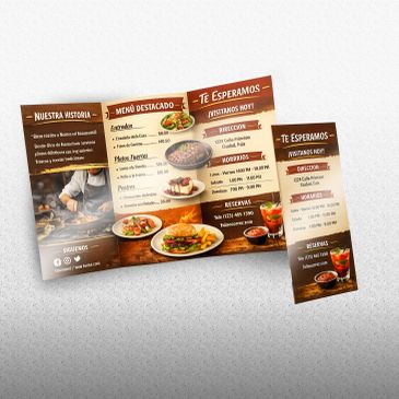 Trifold restaurant menu with food images and details in Spanish.