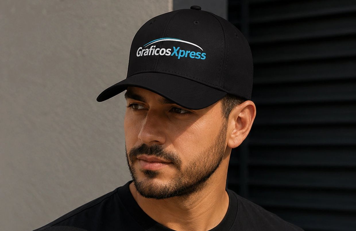 Man wearing a black cap with Graficos Xpress logo.