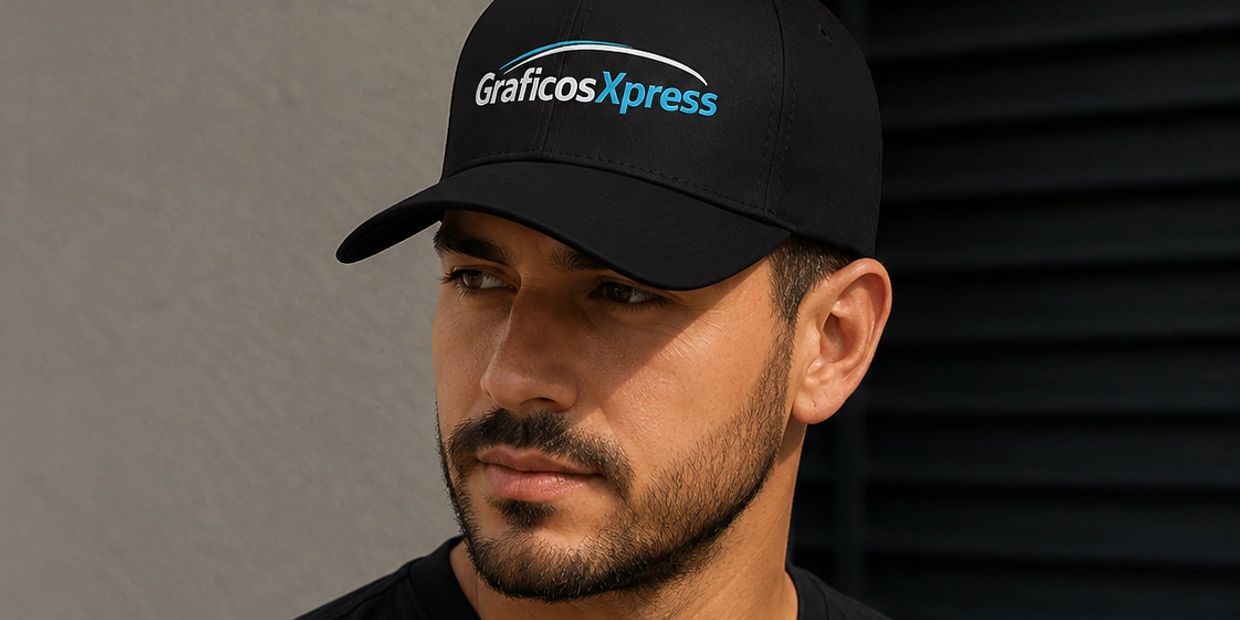 Man wearing a black cap with Graficos Xpress logo.