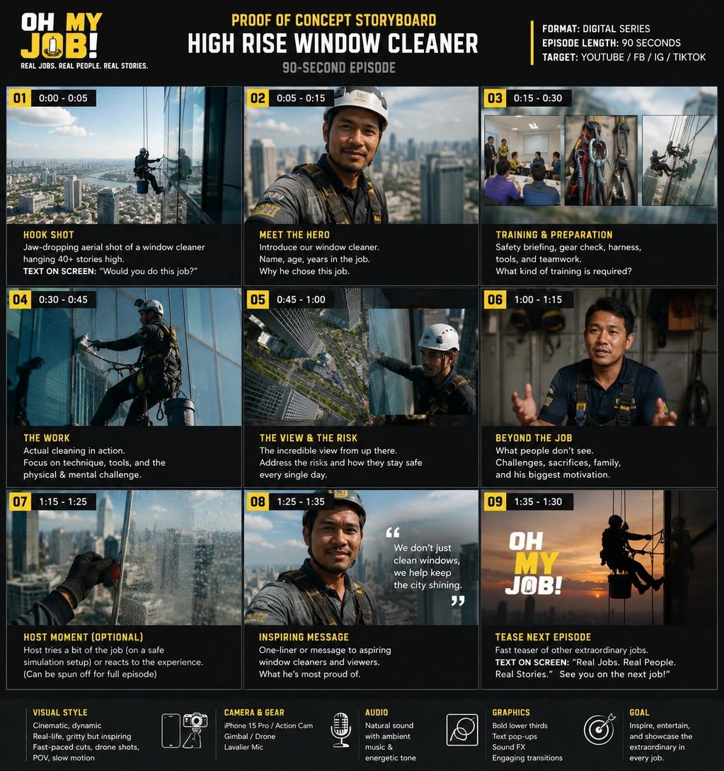 Storyboard for high-rise window cleaner digital series with 9 scenes.