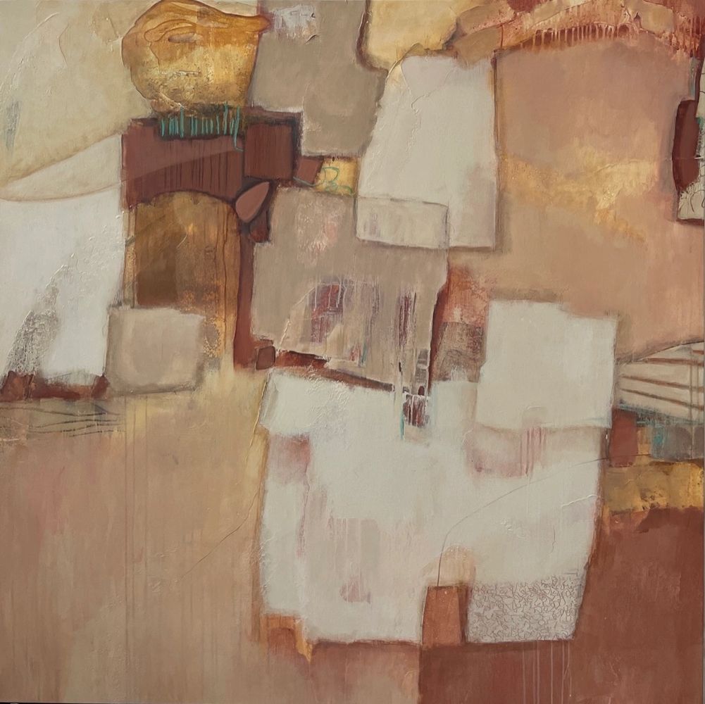 Toile abstraite, couleurs neutres, orangées, formes quadrilatères et graphiques, détails turquoise