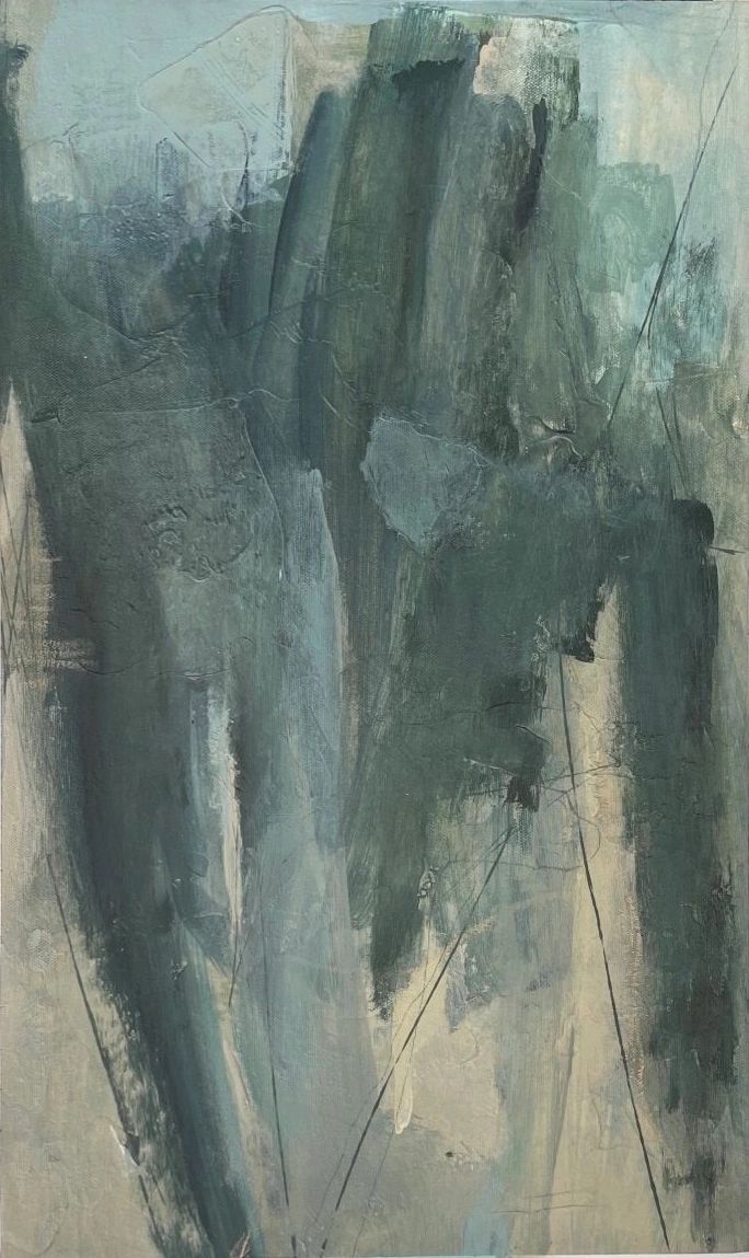 Original abstract artwork, shapes, lines, transparency and textures. Light blues, greens and whites.