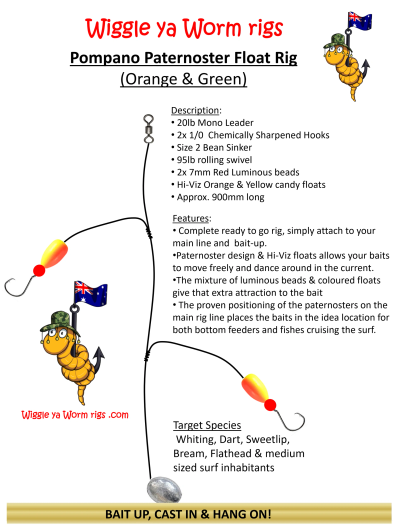 Pompano paternoster float rig showing two hook-bearing arms, orange and green candy floats, and the 