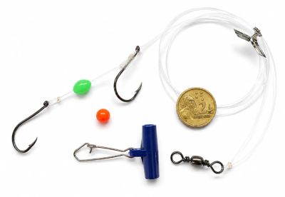 20lb mono Flathead Fish Finder Rig with adjustable twin 1/0 hooks, sliding sinker clip, red bead and