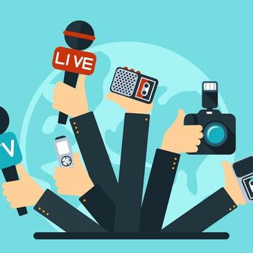 Illustration of multiple hands holding different media tools representing journalism.