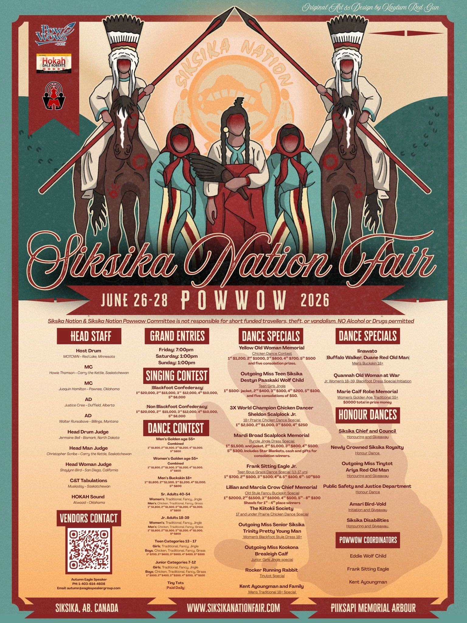 Poster for Siksika Nation Fair Powwow 2026 with traditional Indigenous art and event details.