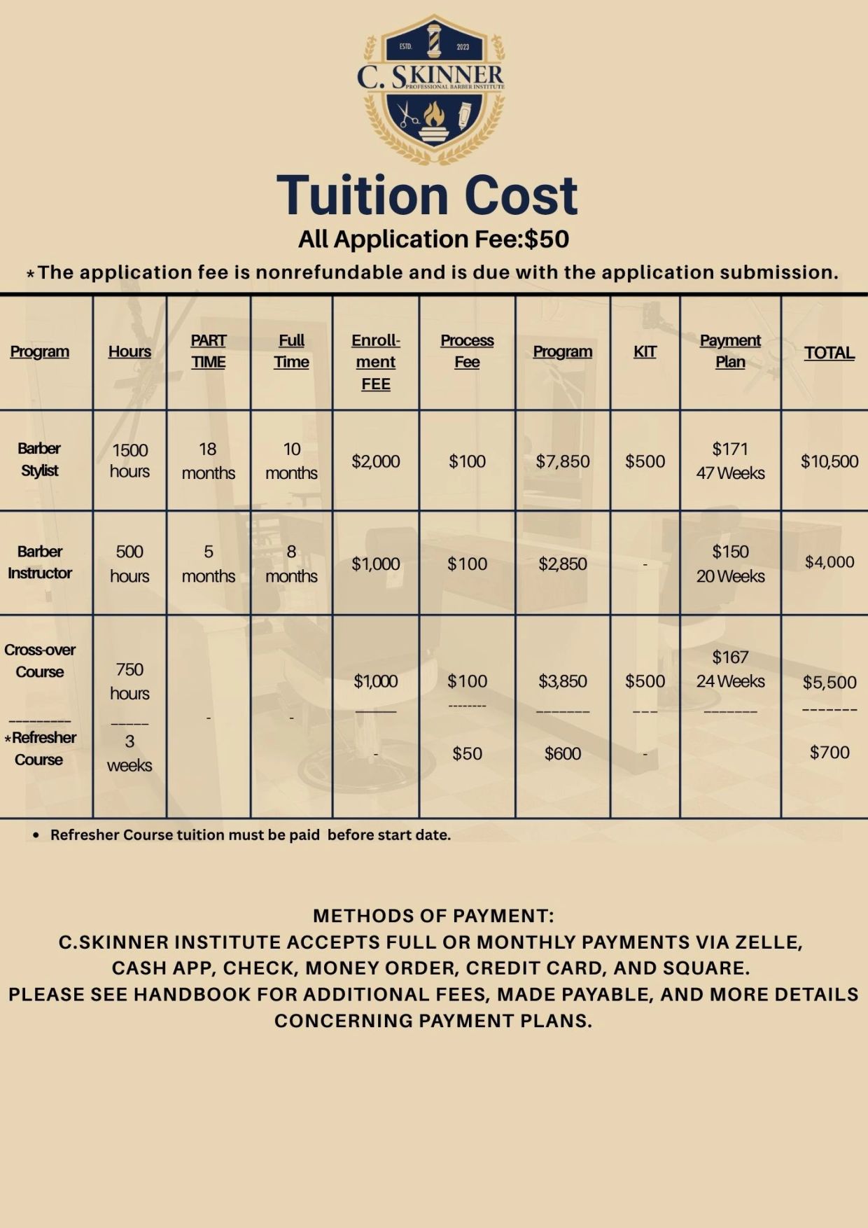 Tuition costs for barber courses with fees and payment plans.