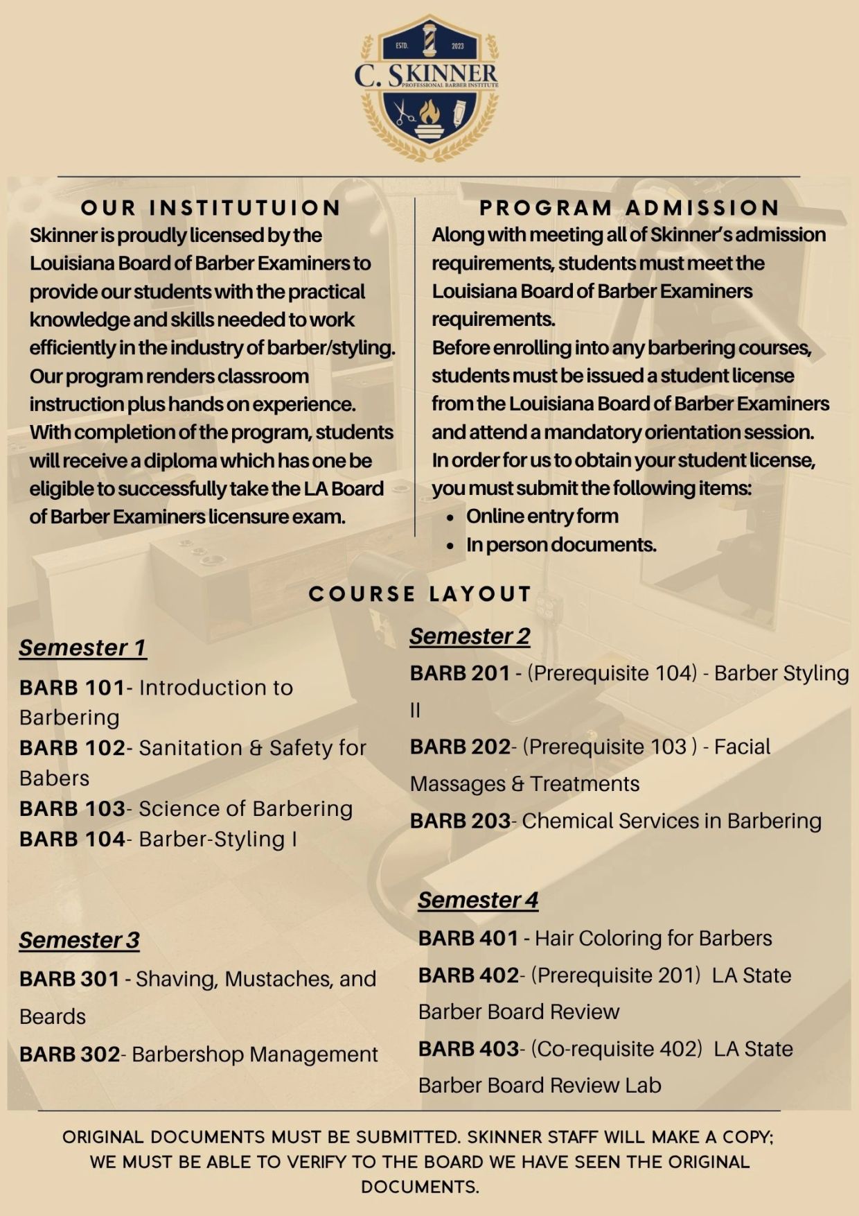 C. Skinner Professional Barber Institute program details and course layout.