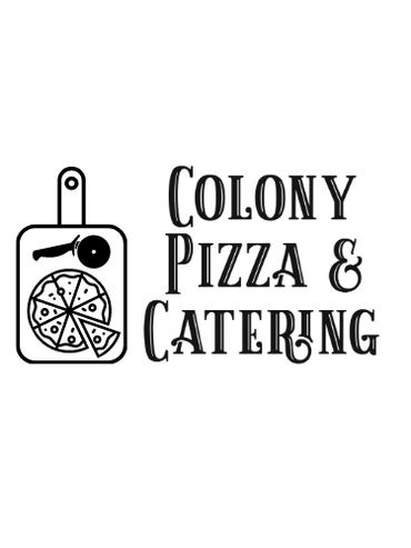 Logo for Colony Pizza &amp; Catering with pizza and cutter illustration.
