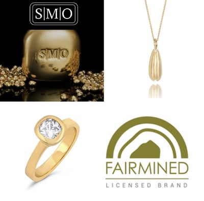 SMO & Fairmined logo, jewelry pieces, and a smiling miner promoting ethical gold sourcing.