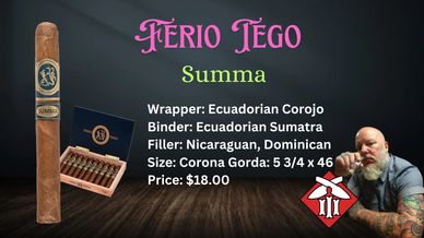 Advertising image for Perio Tego Summa cigars with product details and a man smoking.