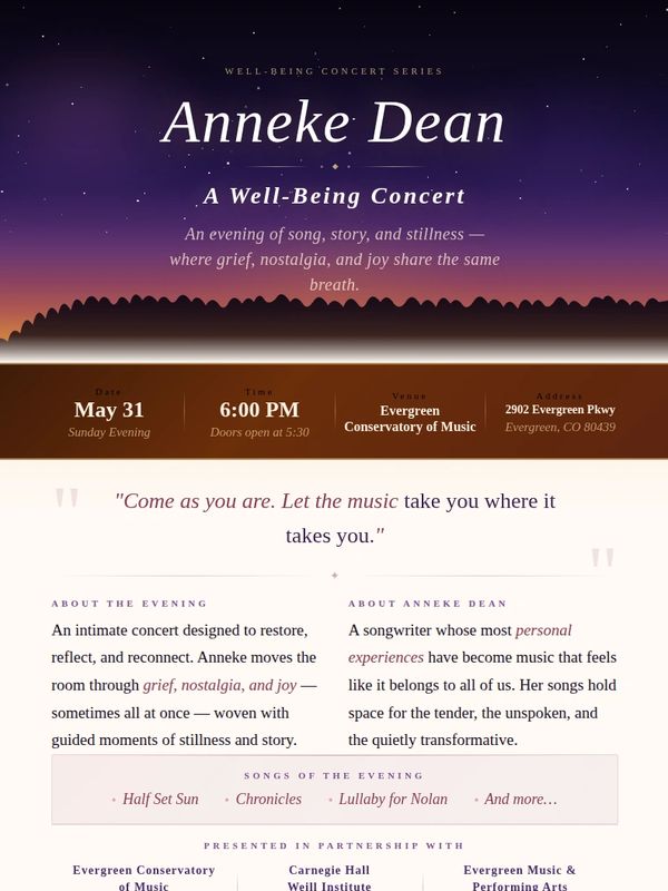 Anneke Dean performs a well-being concert blending grief, nostalgia, and joy at Evergreen Conservatory of Music.