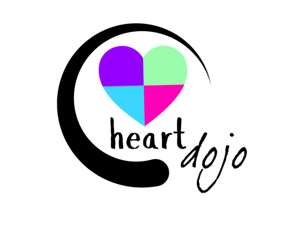 Colorful heart design with stylized text 'heart dojo' inside a spiral shape.